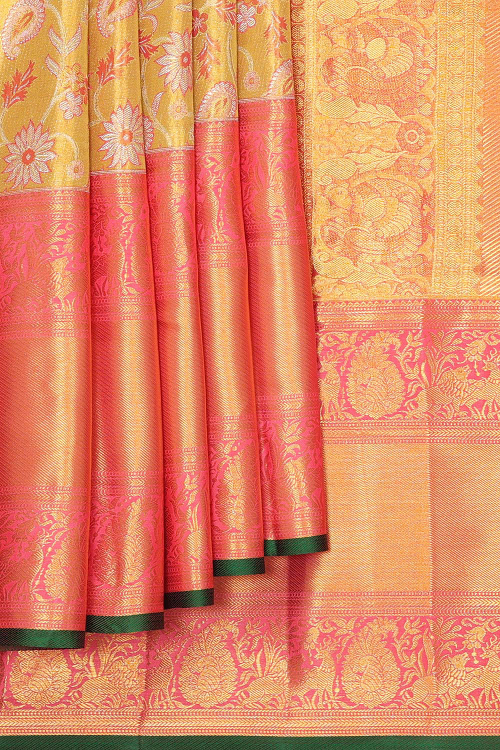 Image of Kanchipattu Brocade Golden Fenugreek Yellow Saree